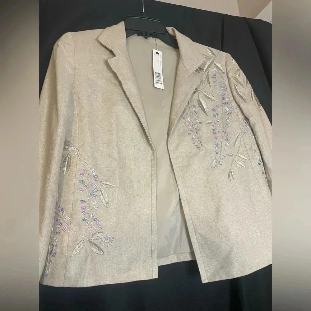 Linda Allard Ellen Tracy Linen Embroidered Blazer NWT Lined Size 4 Beige Pink